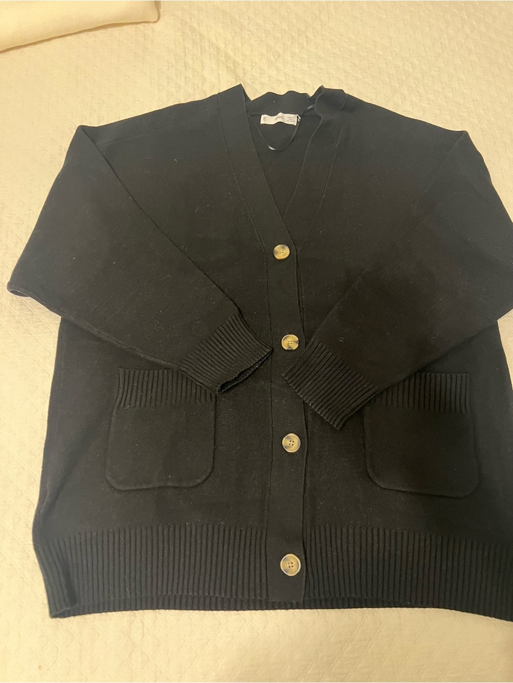 MANGO Black Button-Up V-Neck Cardigan Sweater